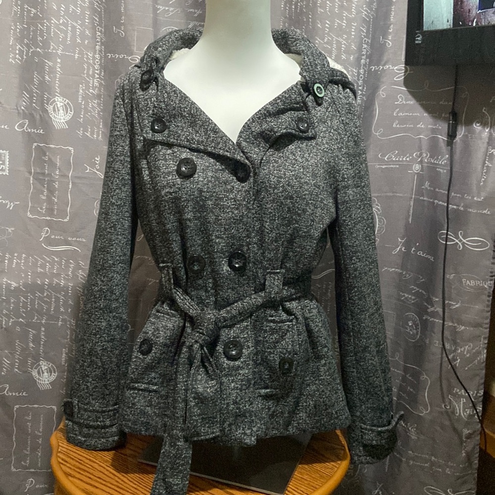 Heathered grey hooded button up jacket with belt. Sz. M By Ashley international